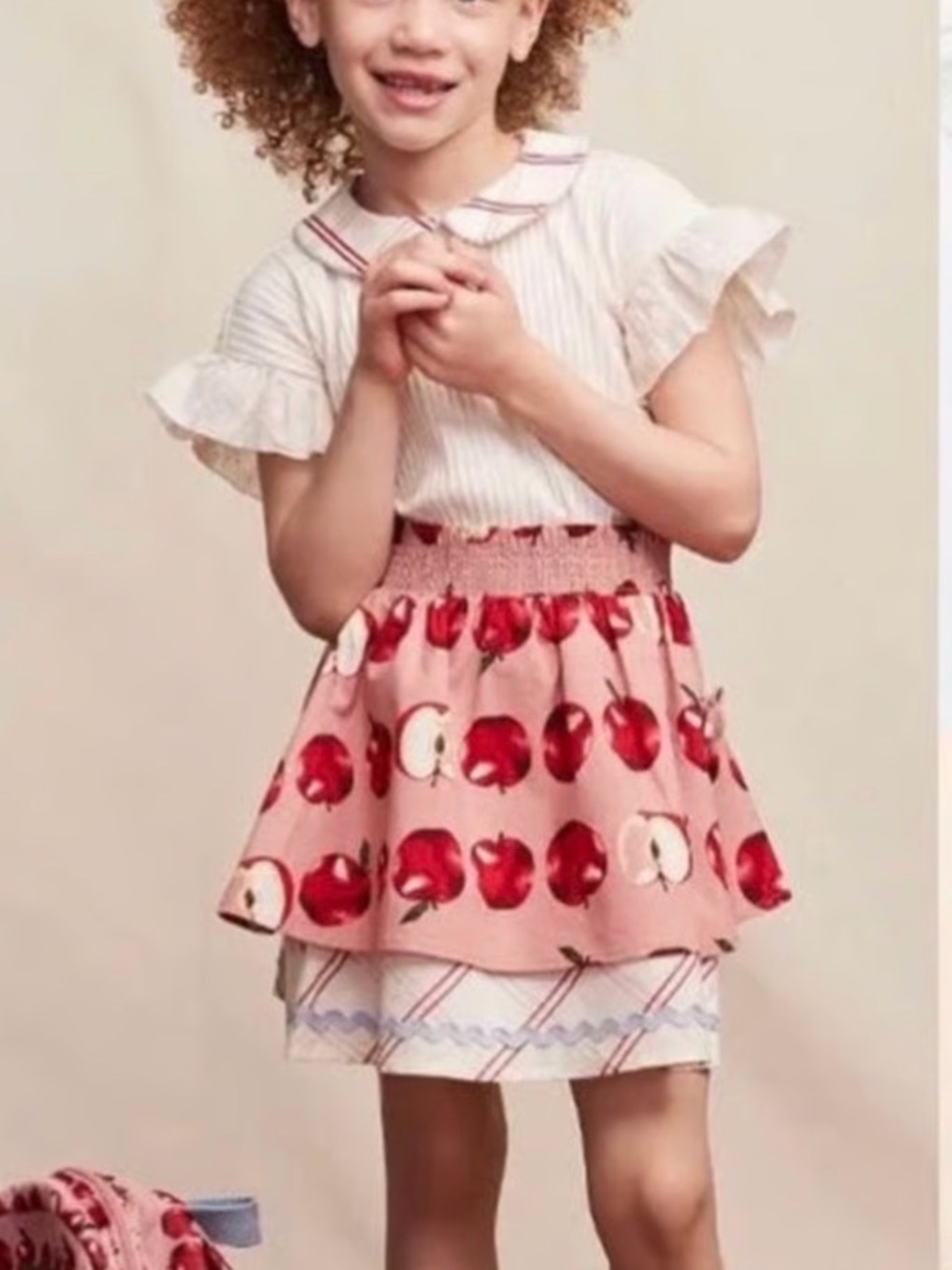 Matilda Jane Pink Tiered Skirt with Red Apple Print